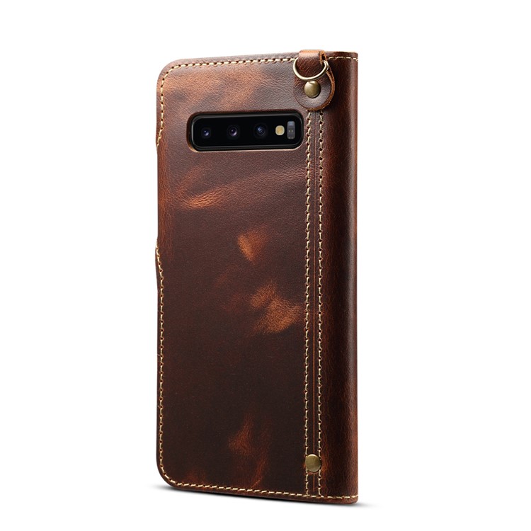 Oil Wax Cowhide Skin Retro Genuine Leather Wallet Case for Samsung Galaxy S10 5G - Brown-3