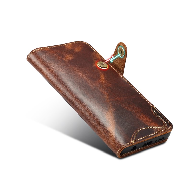 Oil Wax Cowhide Skin Retro Genuine Leather Wallet Case for Samsung Galaxy S10 5G - Brown-4