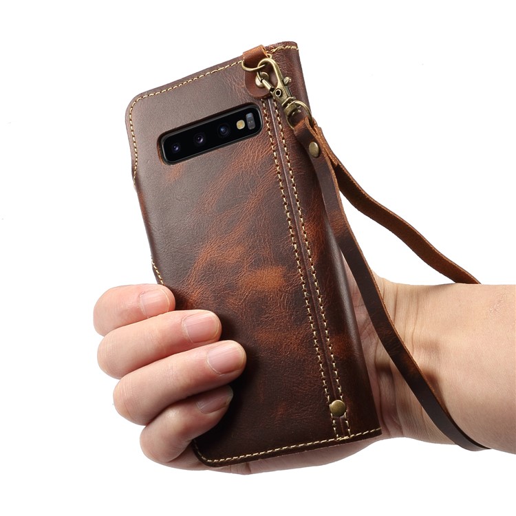 Oil Wax Cowhide Skin Retro Genuine Leather Wallet Case for Samsung Galaxy S10 5G - Brown-6