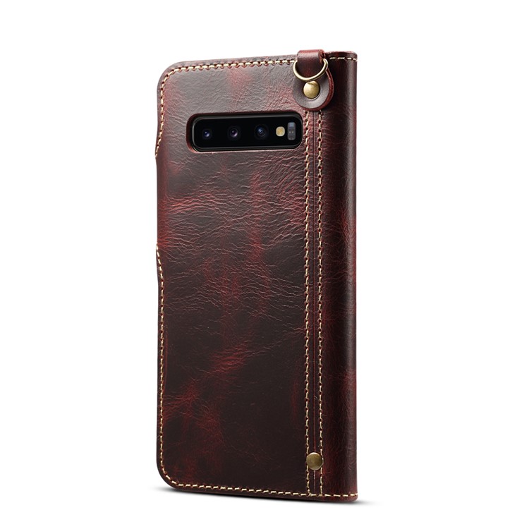 Oil Wax Cowhide Skin Retro Genuine Leather Wallet Case for Samsung Galaxy S10 5G - Red-3