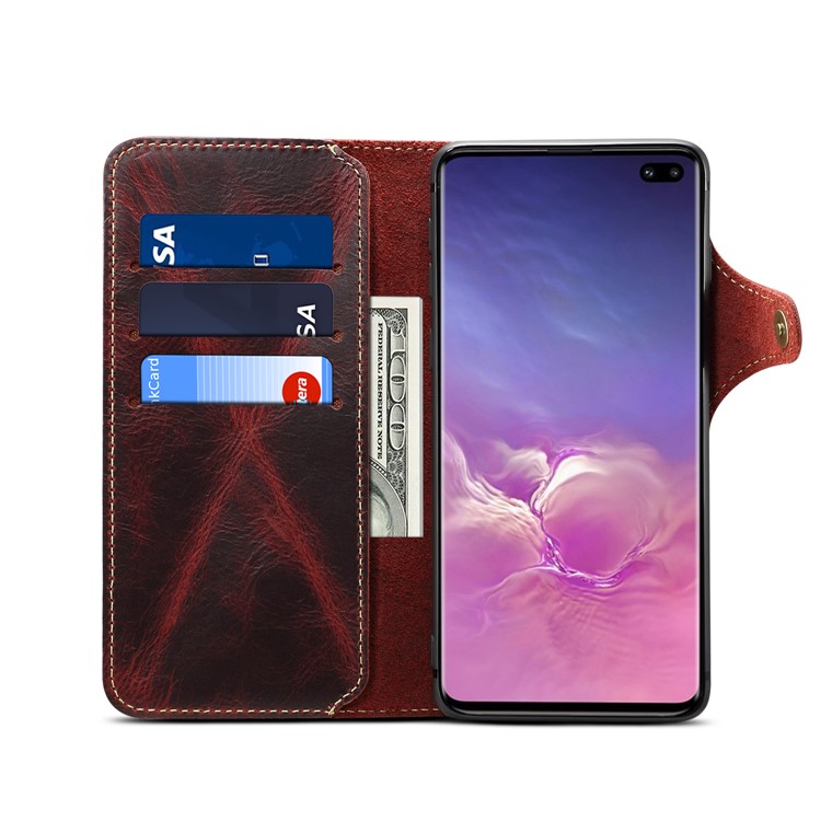 Oil Wax Cowhide Skin Retro Genuine Leather Wallet Case for Samsung Galaxy S10 5G - Red-5