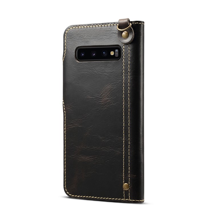 Oil Wax Cowhide Skin Retro Genuine Leather Wallet Case for Samsung Galaxy S10 5G - Black-3