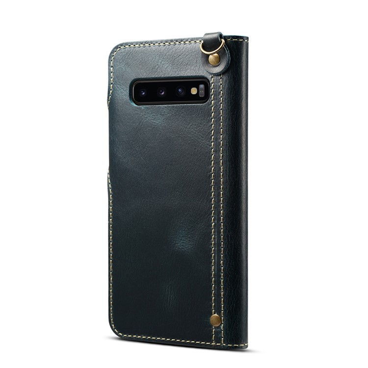 Oil Wax Cowhide Skin Retro Genuine Leather Wallet Case for Samsung Galaxy S10 5G - Blue-3