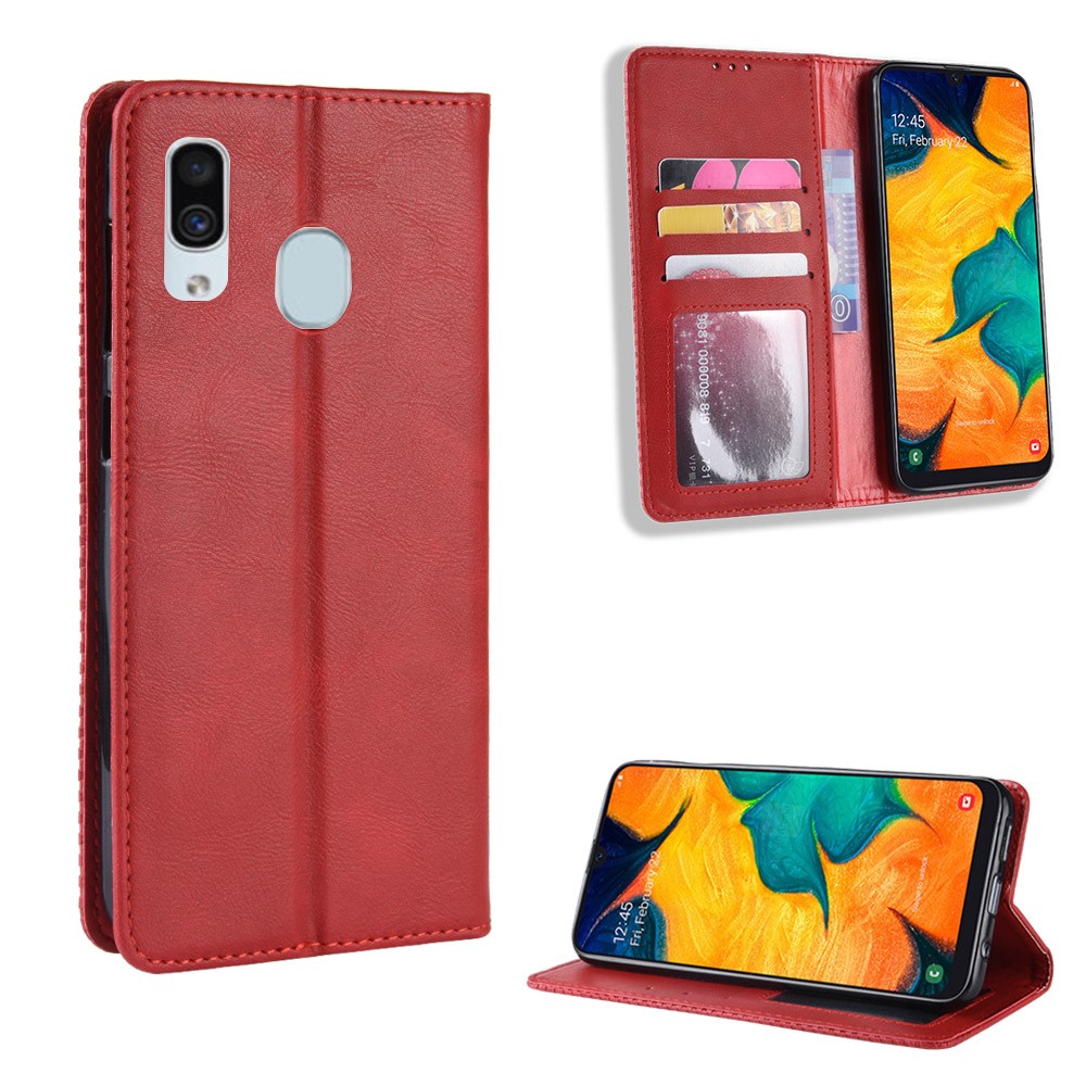 Auto-absorbed Vintage Style PU Leather Wallet Phone Case for Samsung Galaxy A20e - Red-1