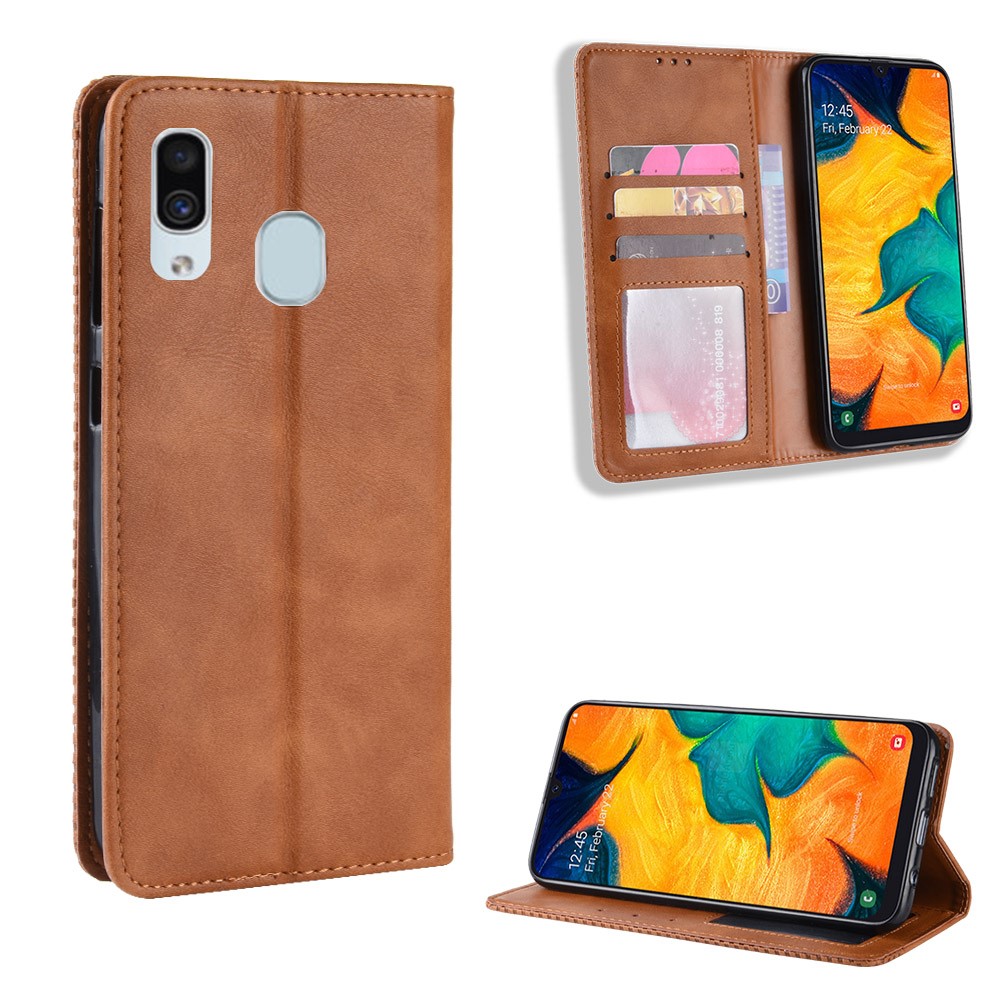 Auto-absorbed Vintage Style PU Leather Wallet Phone Case for Samsung Galaxy A20e - Brown-1