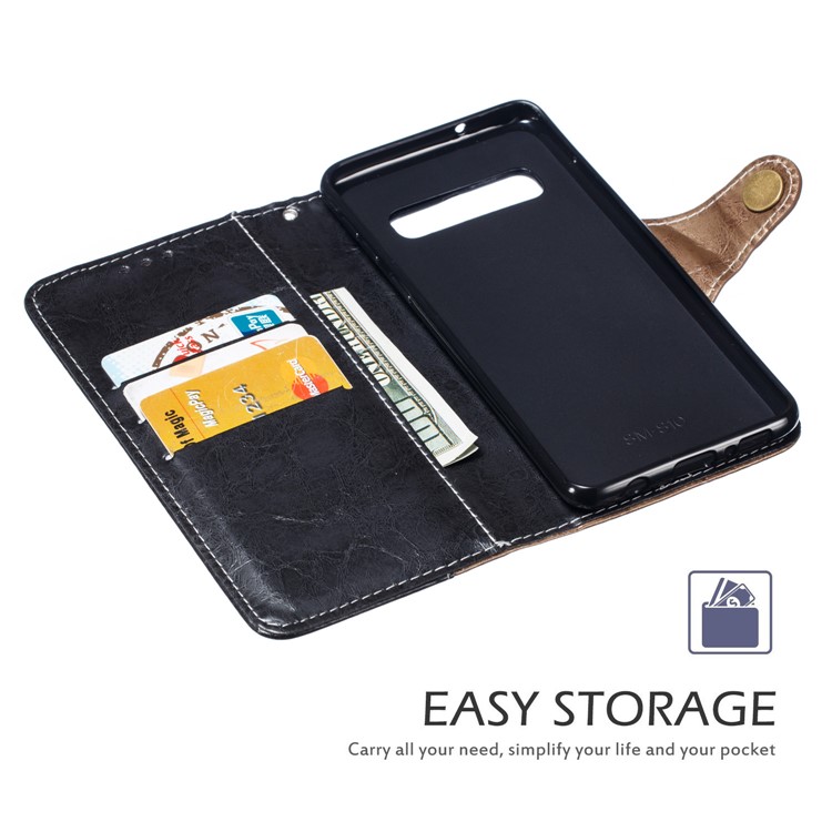 Splicing PU Leather + TPU Stand Wallet Protective Case with Strap for Samsung Galaxy S10 - Black / Light Brown-5