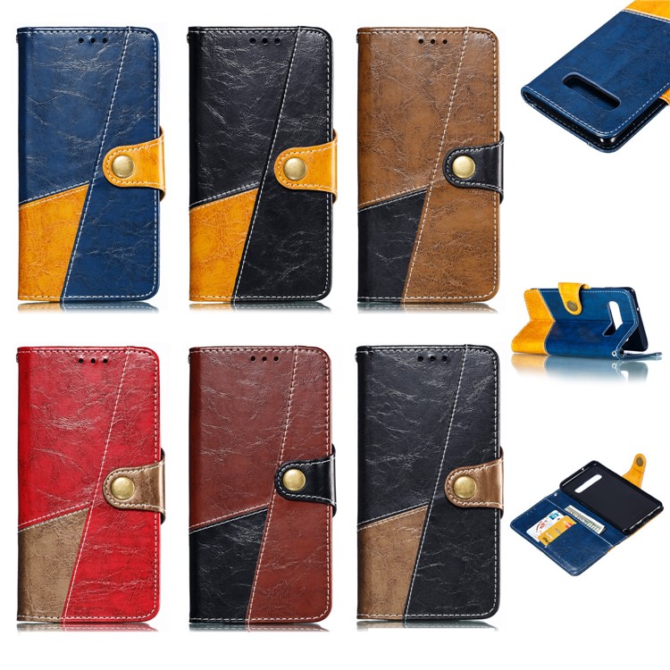 Splicing PU Leather + TPU Stand Wallet Protective Case with Strap for Samsung Galaxy S10 - Black / Light Brown-7