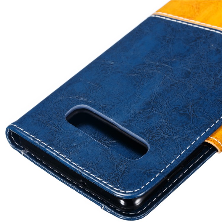 Splicing PU Leather + TPU Stand Wallet Protective Case with Strap for Samsung Galaxy S10 - Blue / Yellow-4