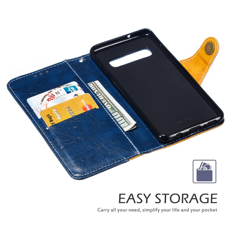 Splicing PU Leather + TPU Stand Wallet Protective Case with Strap for Samsung Galaxy S10 - Blue / Yellow-5