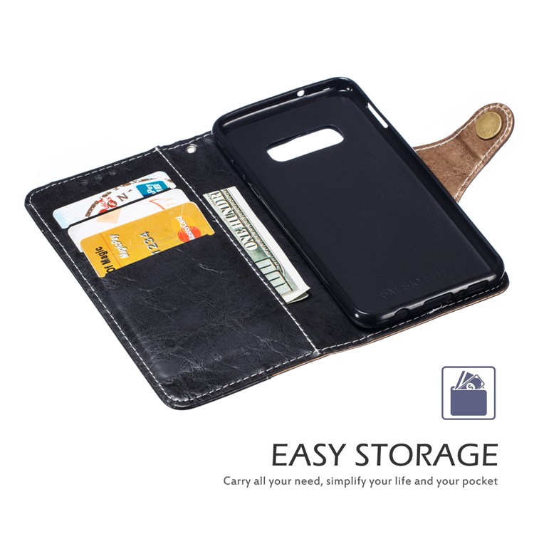 Splicing PU Leather + TPU Stand Wallet Phone Cover with Strap for Samsung Galaxy S10e - Black / Light Brown-5