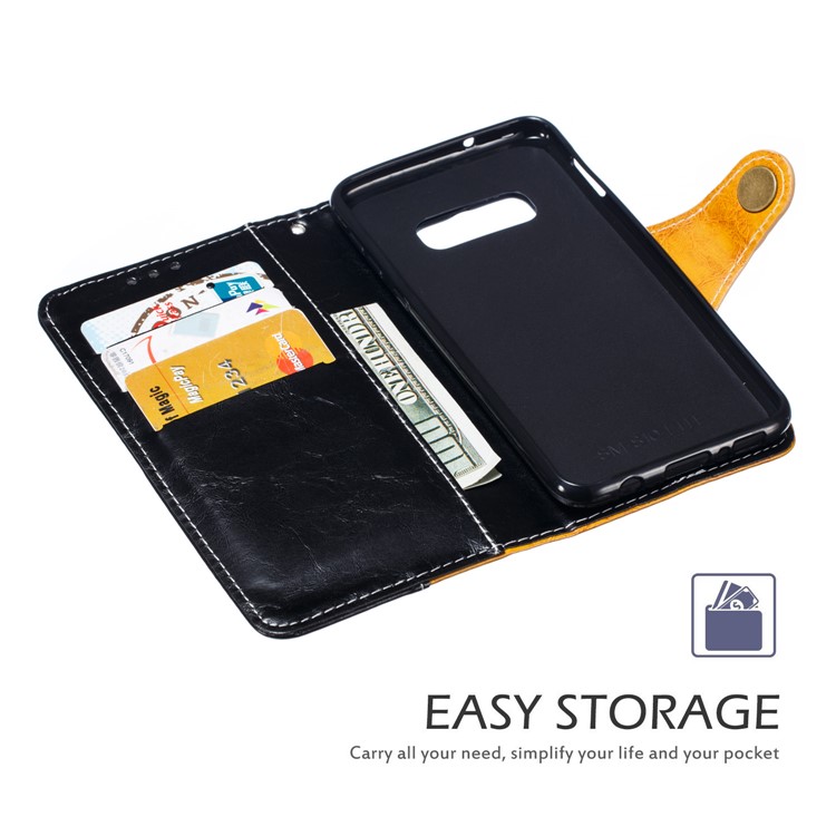 Splicing PU Leather + TPU Stand Wallet Phone Cover with Strap for Samsung Galaxy S10e - Black / Yellow-5