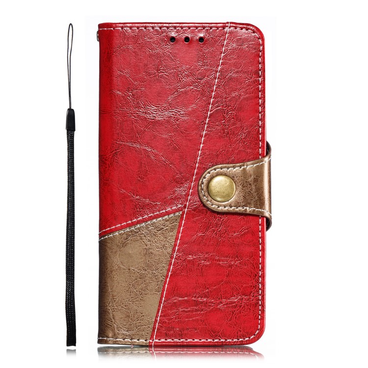 Splicing PU Leather + TPU Stand Wallet Phone Cover with Strap for Samsung Galaxy S10e - Red / Light Brown-2