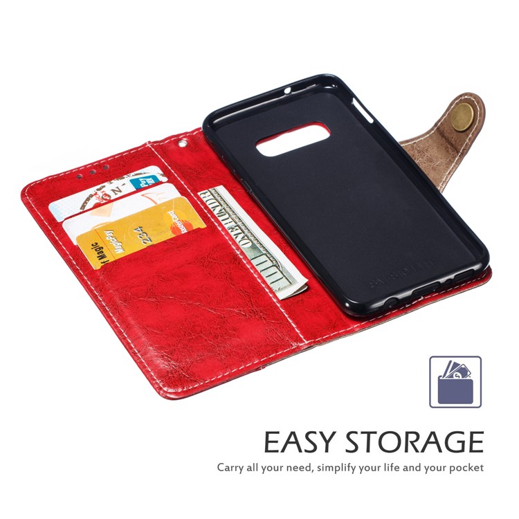 Splicing PU Leather + TPU Stand Wallet Phone Cover with Strap for Samsung Galaxy S10e - Red / Light Brown-5