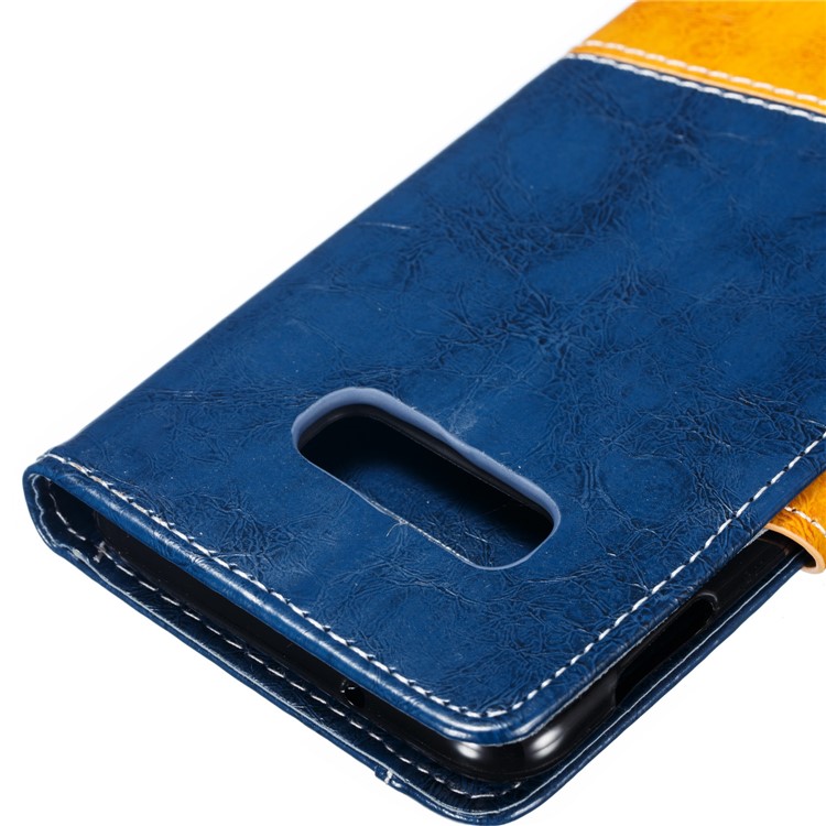 Splicing PU Leather + TPU Stand Wallet Phone Cover with Strap for Samsung Galaxy S10e - Blue / Yellow-4