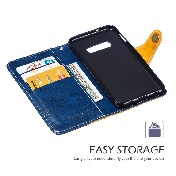 Splicing PU Leather + TPU Stand Wallet Phone Cover with Strap for Samsung Galaxy S10e - Blue / Yellow-5