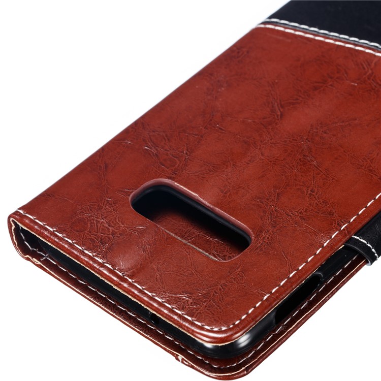Splicing PU Leather + TPU Stand Wallet Phone Cover with Strap for Samsung Galaxy S10e - Dark Brown / Black-4