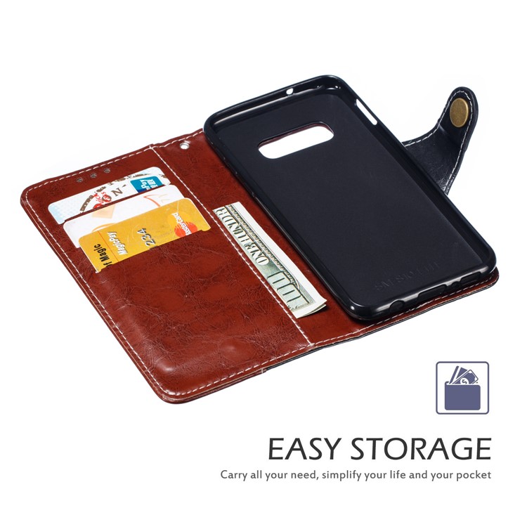 Splicing PU Leather + TPU Stand Wallet Phone Cover with Strap for Samsung Galaxy S10e - Dark Brown / Black-5