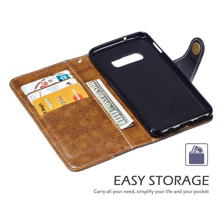 Splicing PU Leather + TPU Stand Wallet Phone Cover with Strap for Samsung Galaxy S10e - Khaki / Black-5