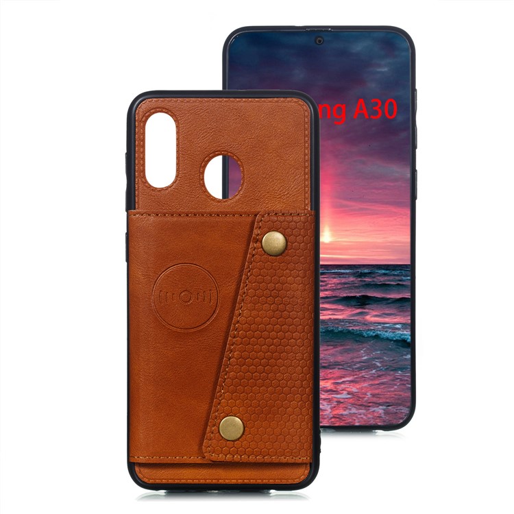 Cassa Del Telefono Del Cavalletto Magnetico Rivestito Di Cuoio Dell'unità Di Elaborazione Del Supporto Di TPU Per Samsung Galaxy A20 / A30 - Marrone-2