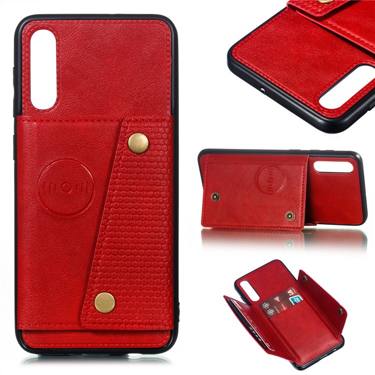 Leather Card Holder Magnetic Car Phone Holder Case for Samsung Galaxy A50 - Red-1