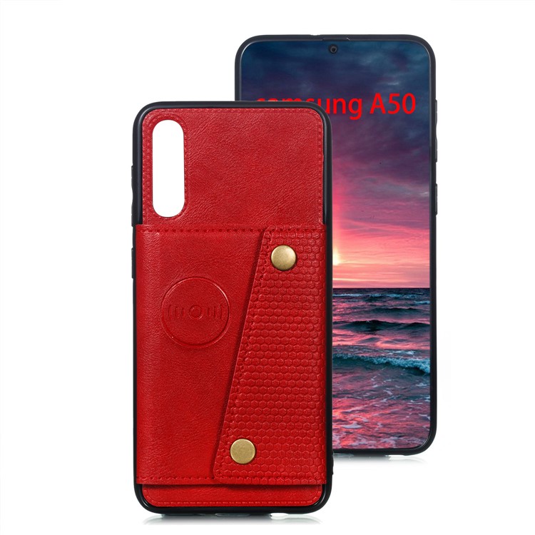 Leather Card Holder Magnetic Car Phone Holder Case for Samsung Galaxy A50 - Red-2