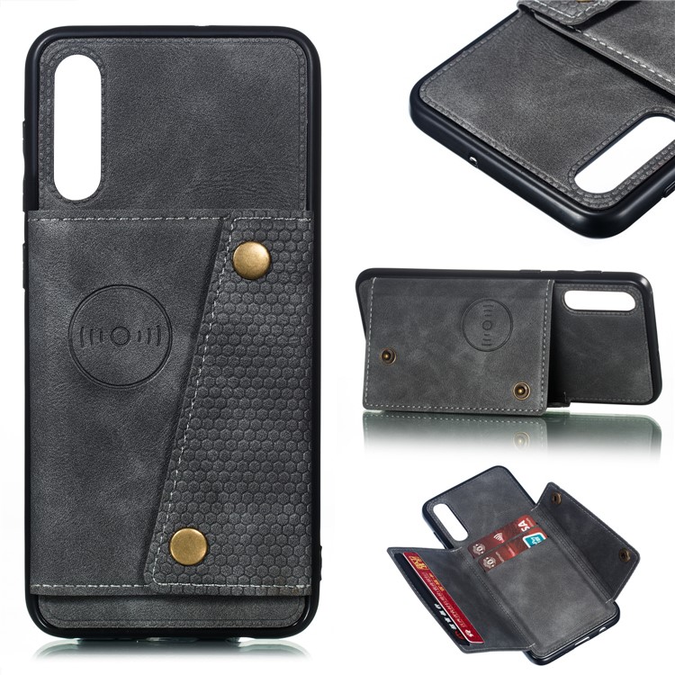 Leather Card Holder Magnetic Car Phone Holder Case for Samsung Galaxy A50 - Grey-1