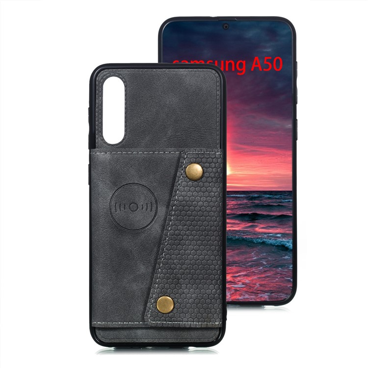 Leather Card Holder Magnetic Car Phone Holder Case for Samsung Galaxy A50 - Grey-2