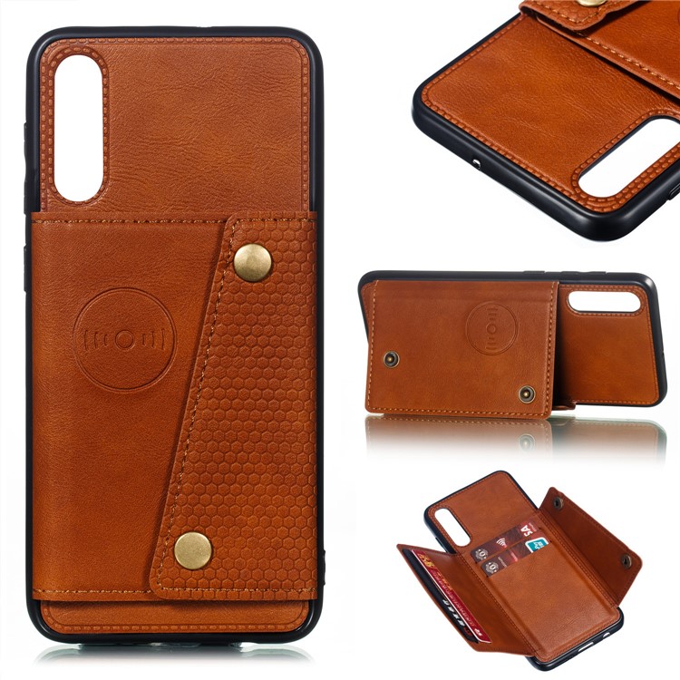 Leather Card Holder Magnetic Car Phone Holder Case for Samsung Galaxy A50 - Brown-1