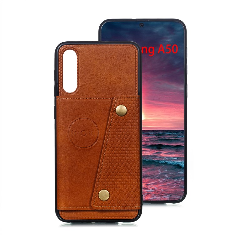 Leather Card Holder Magnetic Car Phone Holder Case for Samsung Galaxy A50 - Brown-2