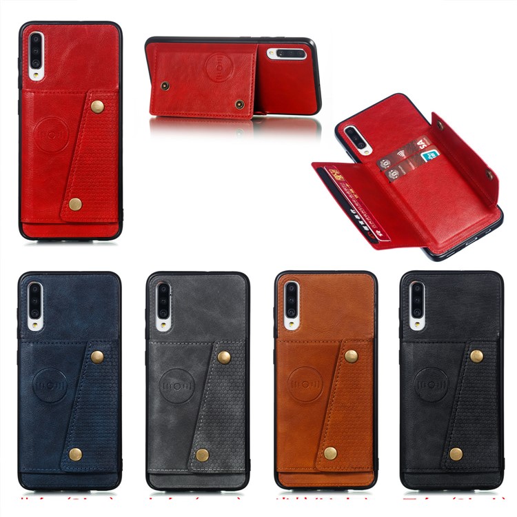 PU Leather Coated TPU Card Holder Magnetic Kickstand Phone Case for Samsung Galaxy A70 -  Red-9