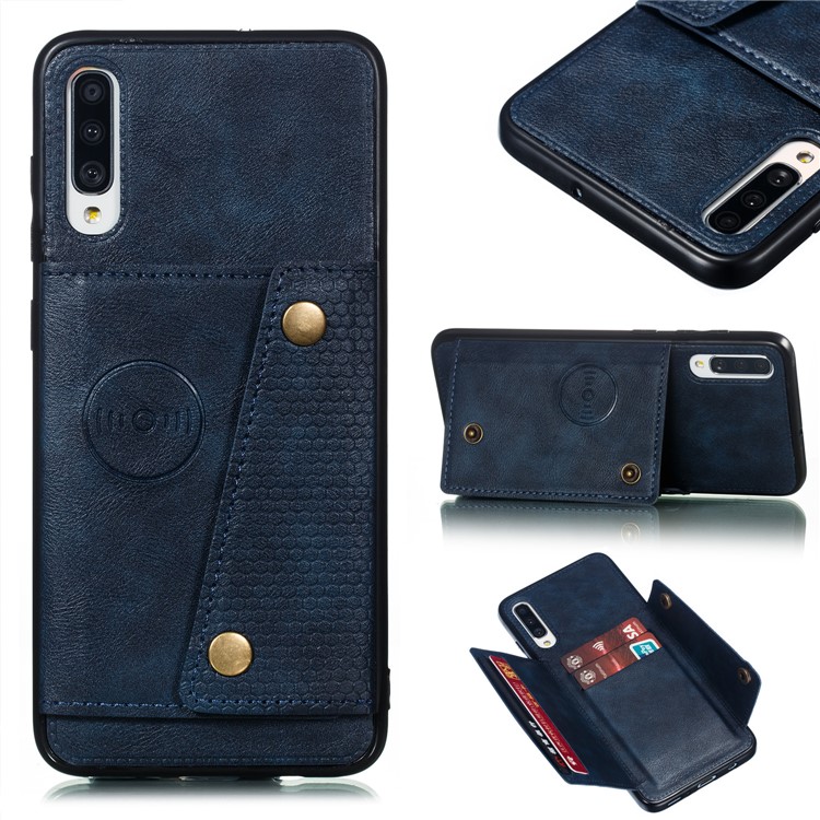 PU Leather Coated TPU Card Holder Magnetic Kickstand Phone Case for Samsung Galaxy A70 - Blue-1