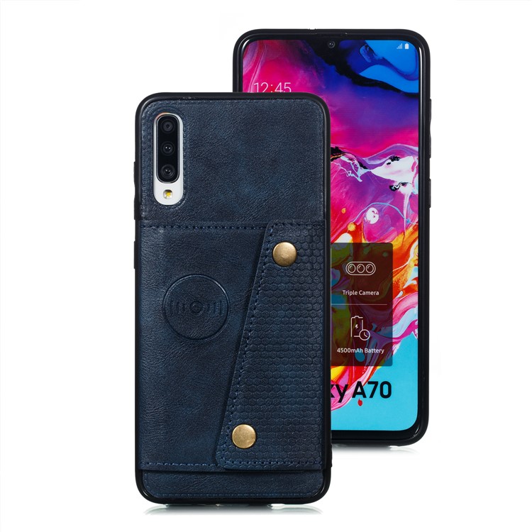 PU Leather Coated TPU Card Holder Magnetic Kickstand Phone Case for Samsung Galaxy A70 - Blue-2