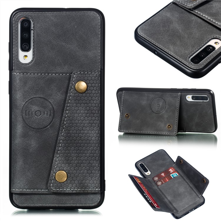 PU De Couro Revestido De Titular Do Cartão TPU Magnetic Kickstand Phone Case Para Samsung Galaxy A70 - Cinzento-1