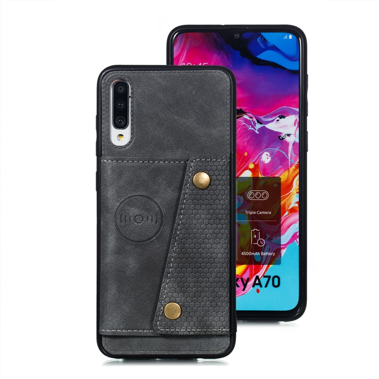 PU De Couro Revestido De Titular Do Cartão TPU Magnetic Kickstand Phone Case Para Samsung Galaxy A70 - Cinzento-2
