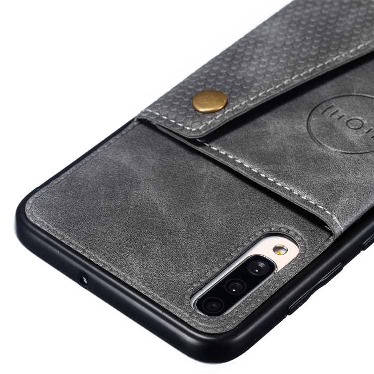 PU De Couro Revestido De Titular Do Cartão TPU Magnetic Kickstand Phone Case Para Samsung Galaxy A70 - Cinzento-4
