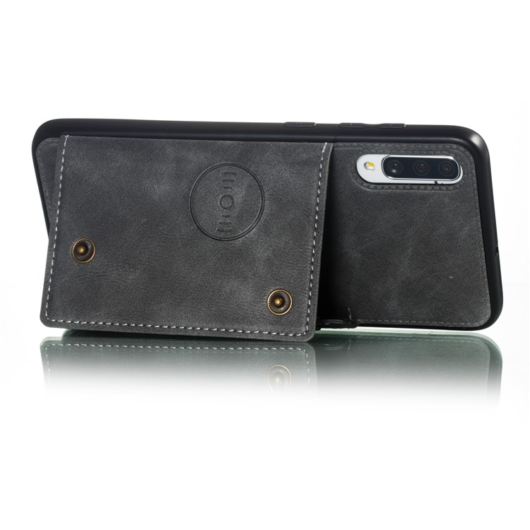 PU De Couro Revestido De Titular Do Cartão TPU Magnetic Kickstand Phone Case Para Samsung Galaxy A70 - Cinzento-5