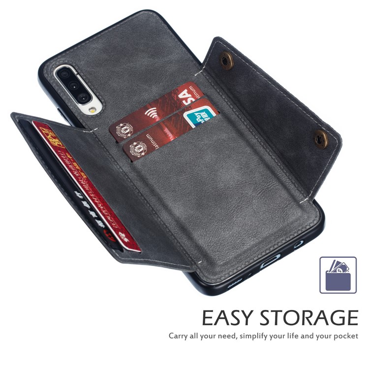 PU De Couro Revestido De Titular Do Cartão TPU Magnetic Kickstand Phone Case Para Samsung Galaxy A70 - Cinzento-6