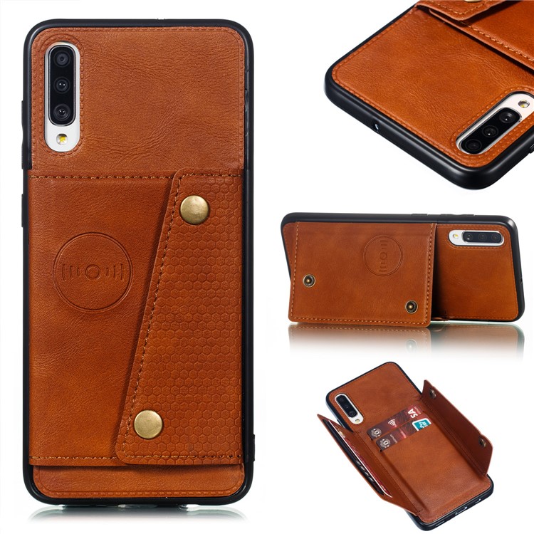 Funda Magnética De Piel De TPU Recubierta De Una Tarjeta De TPU Para Samsung Galaxy A70 - Marrón-1