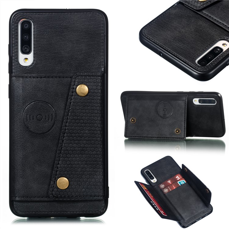 PU De Couro Revestido De Titular Do Cartão TPU Magnetic Kickstand Phone Case Para Samsung Galaxy A70 - Preto-1