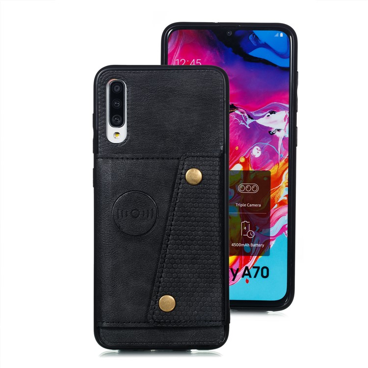 PU De Couro Revestido De Titular Do Cartão TPU Magnetic Kickstand Phone Case Para Samsung Galaxy A70 - Preto-2