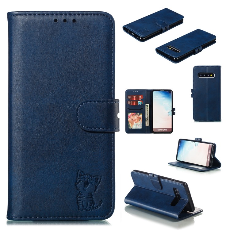 For Samsung Galaxy S10 Imprinted Cat Pattern Leather Wallet Phone Case Cover - Blue-1