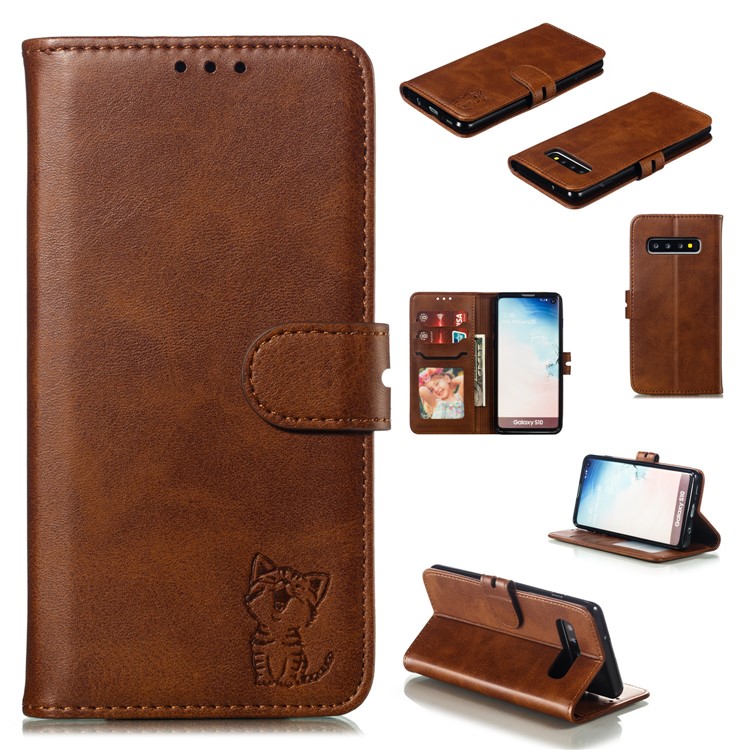 For Samsung Galaxy S10 Imprinted Cat Pattern Leather Wallet Phone Case Cover - Coffee-1