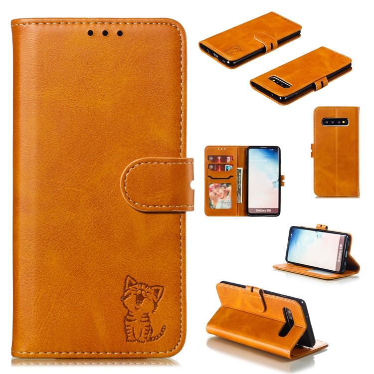 For Samsung Galaxy S10 Imprinted Cat Pattern Leather Wallet Phone Case Cover - Brown-1