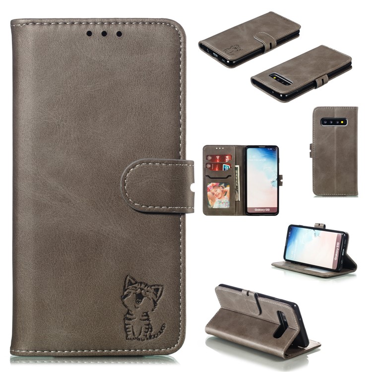 For Samsung Galaxy S10 Imprinted Cat Pattern Leather Wallet Phone Case Cover - Grey-1