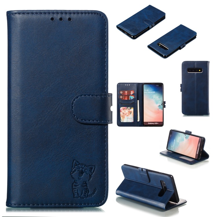 For Samsung Galaxy S10 Plus Imprinted Cat Pattern Leather Wallet Case Cover - Blue-1