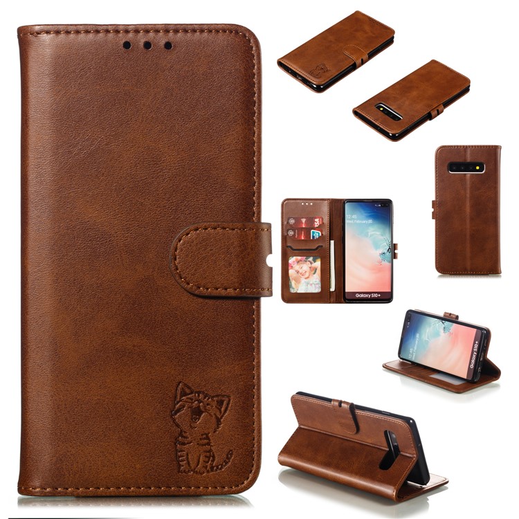 For Samsung Galaxy S10 Plus Imprinted Cat Pattern Leather Wallet Case Cover - Coffee-1