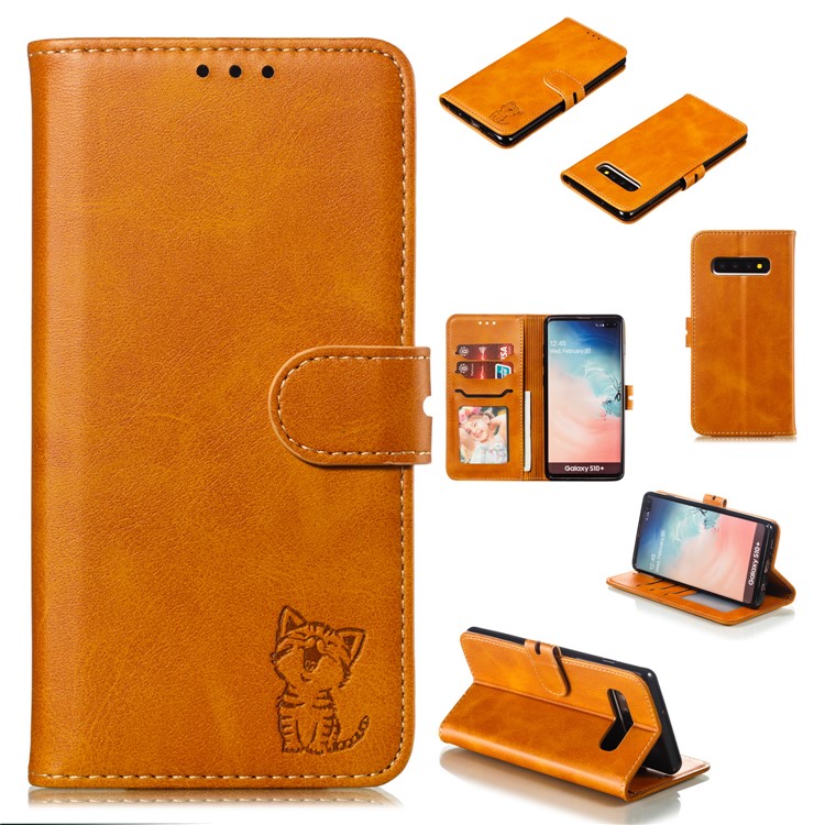 For Samsung Galaxy S10 Plus Imprinted Cat Pattern Leather Wallet Case Cover - Brown-1