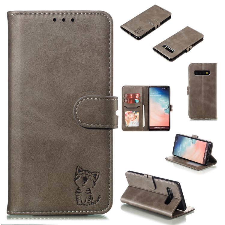 For Samsung Galaxy S10 Plus Imprinted Cat Pattern Leather Wallet Case Cover - Grey-1