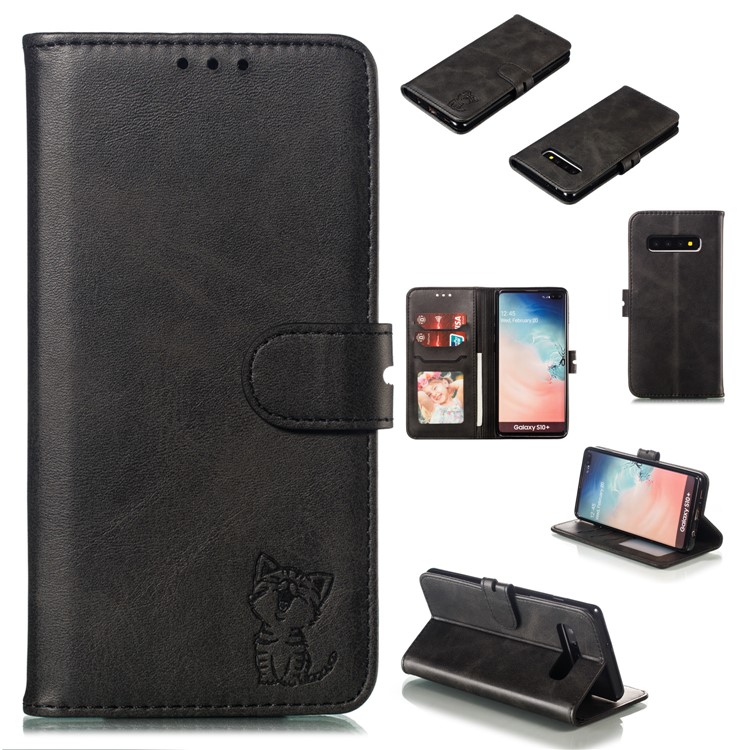 For Samsung Galaxy S10 Plus Imprinted Cat Pattern Leather Wallet Case Cover - Black-1