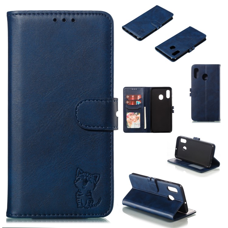 Imprinted Cat Pattern Leather Wallet Cover for Samsung Galaxy A20 / A30 - Blue-1